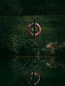 Preview wallpaper lifebuoy, grass, river, reflection, water, lake