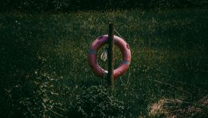 Preview wallpaper lifebuoy, grass, river, reflection, water, lake