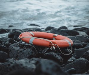 Preview wallpaper lifebuoy, sea, shore, stones, waves