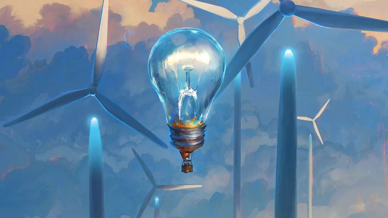 Wallpaper light bulb, surrealism, windmills, air balloon, aerostat