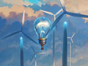 Preview wallpaper light bulb, surrealism, windmills, air balloon, aerostat