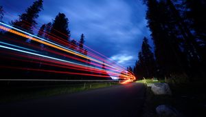 Preview wallpaper light, movement, long exposure, night, road, turn