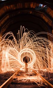 Preview wallpaper light, sparks, long exposure, rails, tunnel