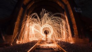 Preview wallpaper light, sparks, long exposure, rails, tunnel