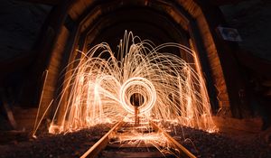 Preview wallpaper light, sparks, long exposure, rails, tunnel