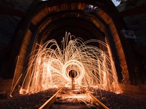 Preview wallpaper light, sparks, long exposure, rails, tunnel