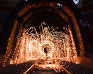 Preview wallpaper light, sparks, long exposure, rails, tunnel