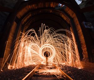 Preview wallpaper light, sparks, long exposure, rails, tunnel