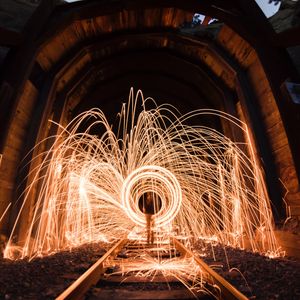Preview wallpaper light, sparks, long exposure, rails, tunnel