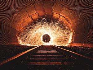 Preview wallpaper light, sparks, rotation, long exposure, rails, dark