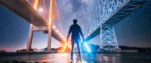 Preview wallpaper light swords, neon, man, bridge, night city