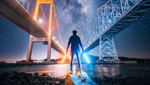 Preview wallpaper light swords, neon, man, bridge, night city