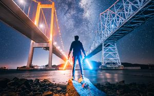 Preview wallpaper light swords, neon, man, bridge, night city