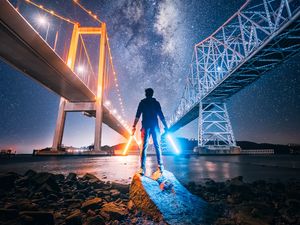 Preview wallpaper light swords, neon, man, bridge, night city