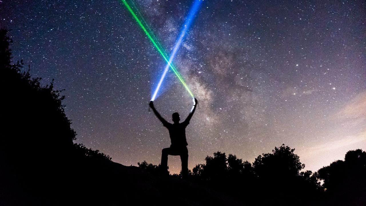 Wallpaper light swords, starry sky, silhouette, stars, night