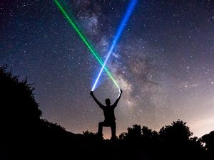 Preview wallpaper light swords, starry sky, silhouette, stars, night
