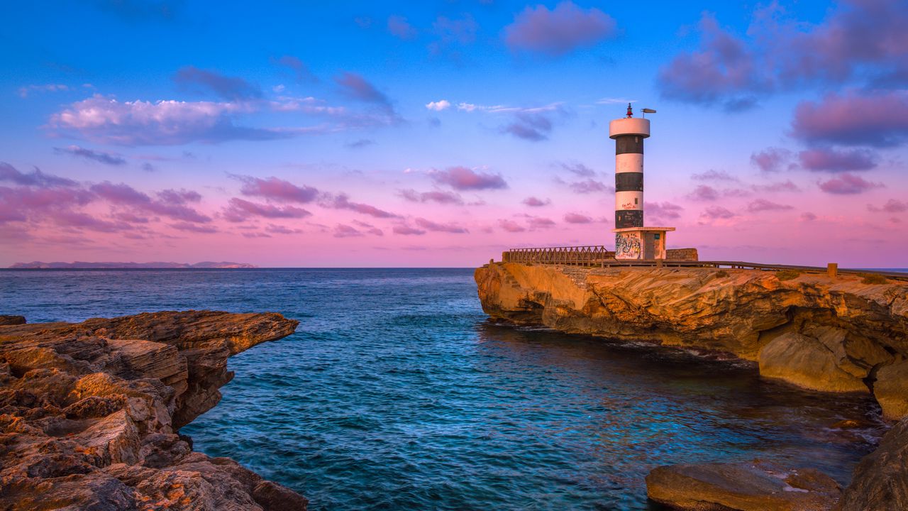 Wallpaper lighthouse, bay, sea, rocks, sunrise, spain