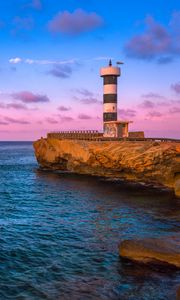 Preview wallpaper lighthouse, bay, sea, rocks, sunrise, spain