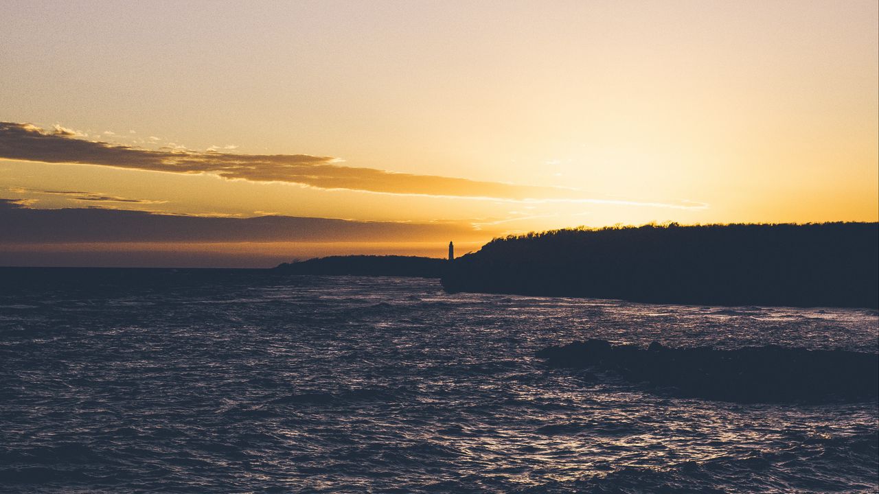 Wallpaper lighthouse, bay, sunset, shore, horizon