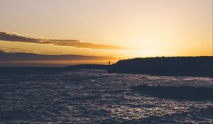 Preview wallpaper lighthouse, bay, sunset, shore, horizon