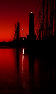Preview wallpaper lighthouse, boats, masts, pier, night, red
