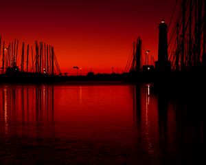 Preview wallpaper lighthouse, boats, masts, pier, night, red