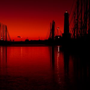 Preview wallpaper lighthouse, boats, masts, pier, night, red