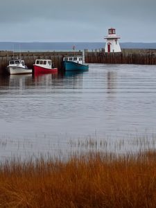 Preview wallpaper lighthouse, boats, sea, pier