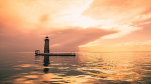 Preview wallpaper lighthouse, building, architecture, sunset, sea