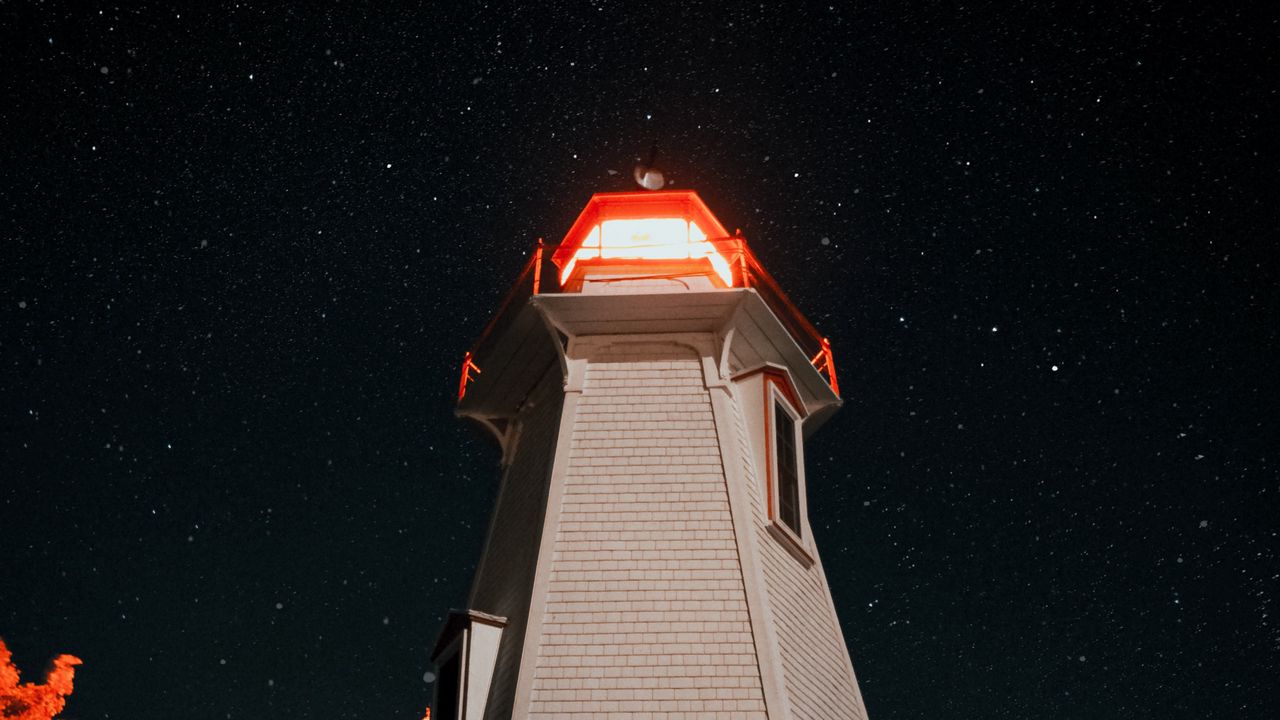 Wallpaper lighthouse, building, bottom view, night