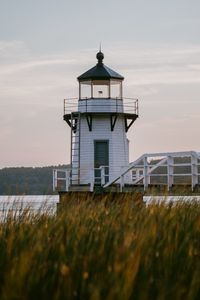 Preview wallpaper lighthouse, building, grass, coast, sea, trees