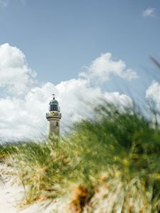 Preview wallpaper lighthouse, building, grasses, coast, sky