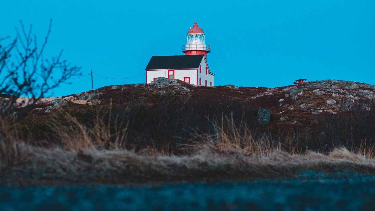 Wallpaper lighthouse, building, hill, water, reflection