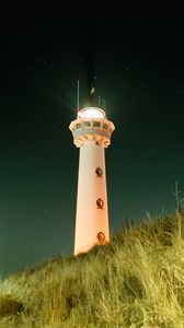 Preview wallpaper lighthouse, building, light, night, grass