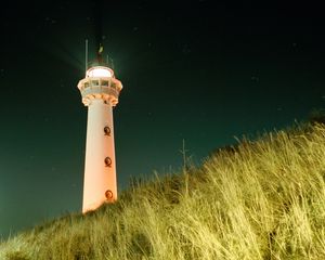 Preview wallpaper lighthouse, building, light, night, grass