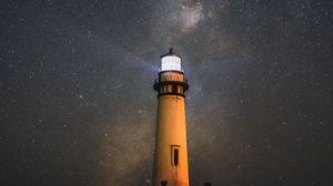 Preview wallpaper lighthouse, building, night, starry sky, dark