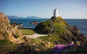 Preview wallpaper lighthouse, building, path, coast, sea