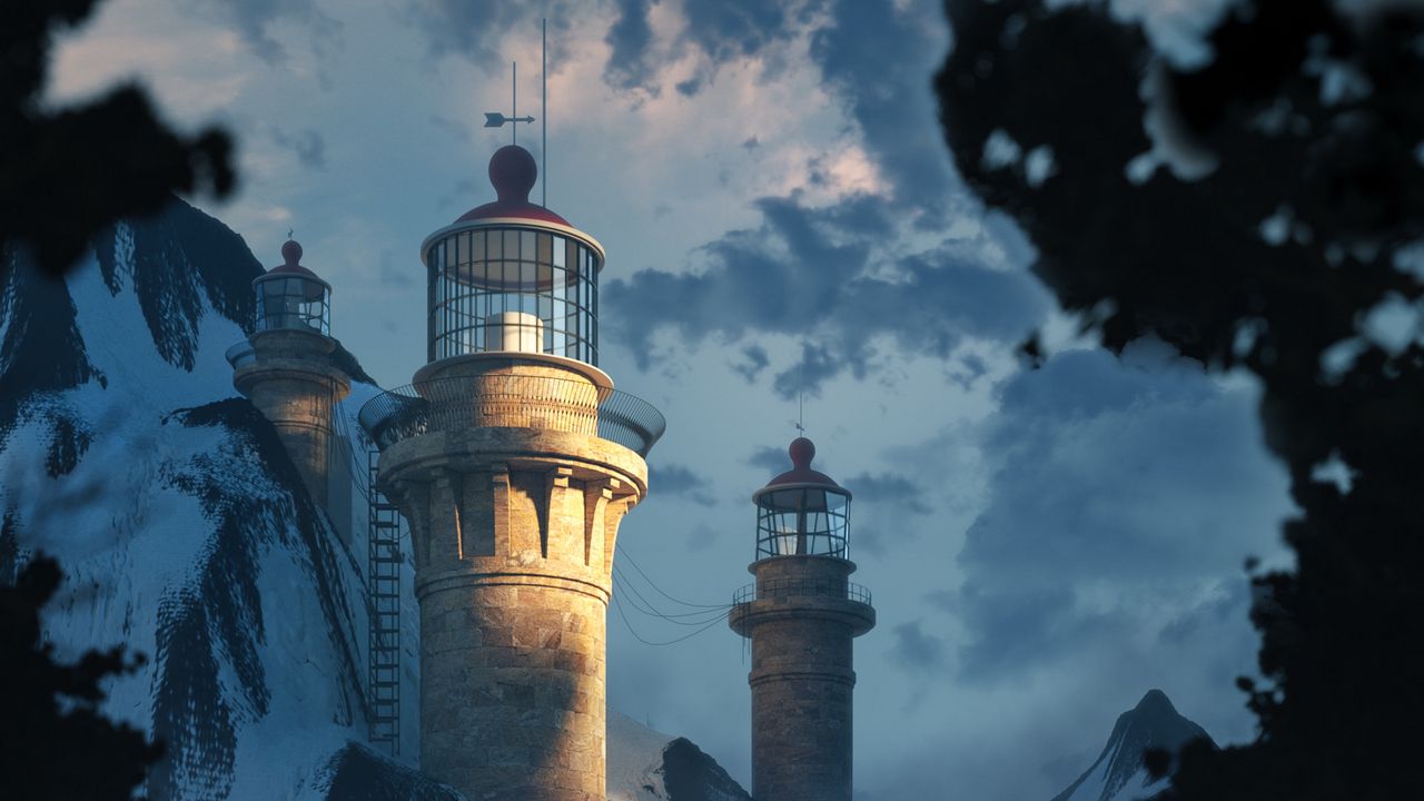 Wallpaper lighthouse, building, rocks, branches, river, art