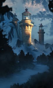 Preview wallpaper lighthouse, building, rocks, branches, river, art