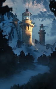 Preview wallpaper lighthouse, building, rocks, branches, river, art