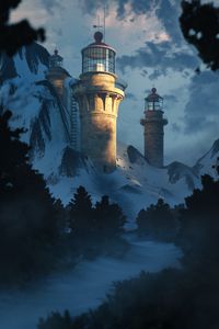 Preview wallpaper lighthouse, building, rocks, branches, river, art