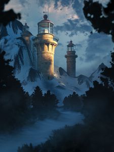 Preview wallpaper lighthouse, building, rocks, branches, river, art