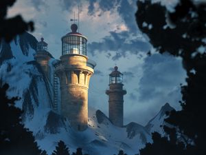 Preview wallpaper lighthouse, building, rocks, branches, river, art