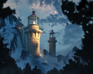 Preview wallpaper lighthouse, building, rocks, branches, river, art