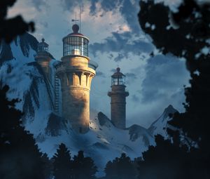 Preview wallpaper lighthouse, building, rocks, branches, river, art