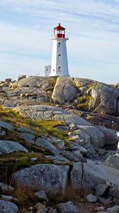 Preview wallpaper lighthouse, building, rocks, sea, sky