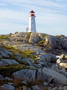 Preview wallpaper lighthouse, building, rocks, sea, sky