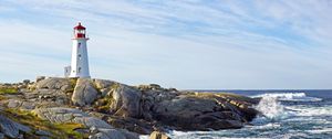 Preview wallpaper lighthouse, building, rocks, sea, sky