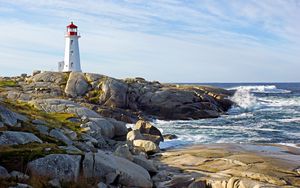 Preview wallpaper lighthouse, building, rocks, sea, sky