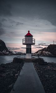 Preview wallpaper lighthouse, building, sea, road, rocks